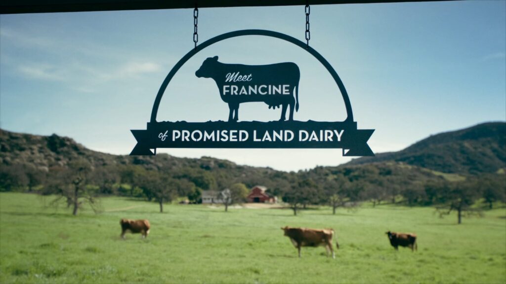 Dairy farm landscape with a Promised Land Dairy title card