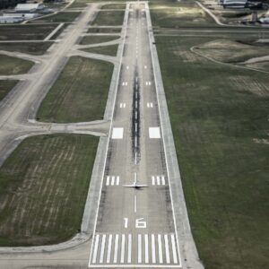 Overhead view of a jet on runway 16