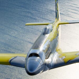 Polished P-51 Mustang with yellow wings over water