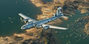B-29 Superfortress FIFI in flight over water