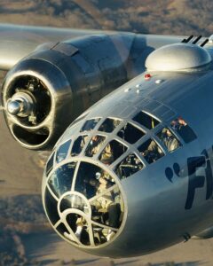 Close-up of the radial engines and nose of a B-29 Superfortress