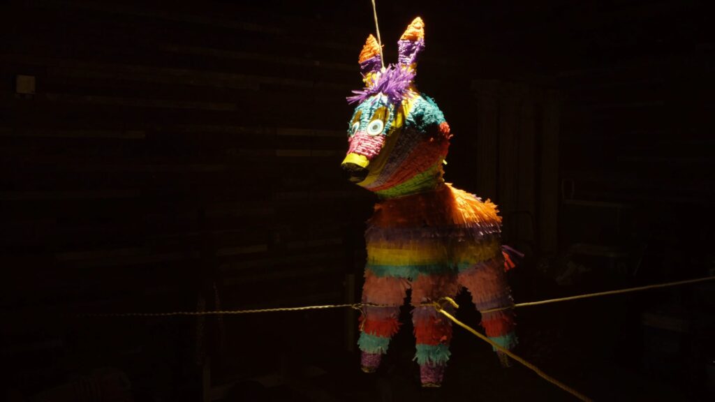 Colorful donkey pinata hanging in a dark room