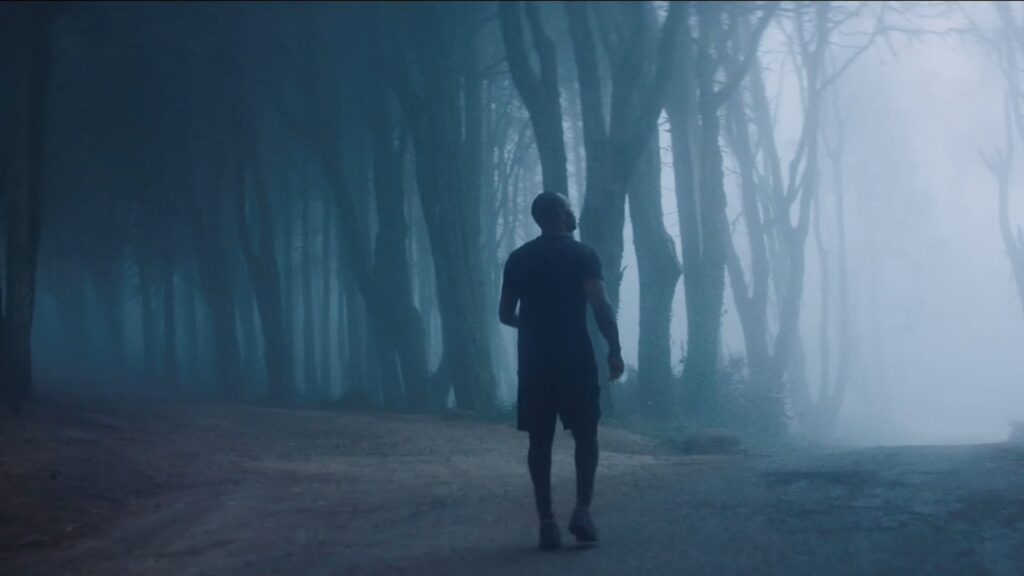 Figure walking down a foggy tree-lined road