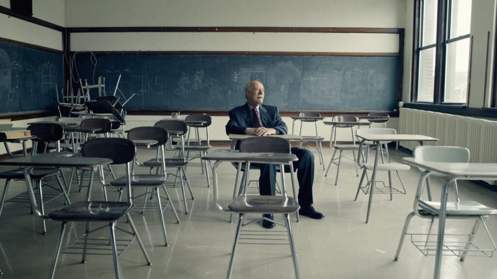 Man sitting alone at a table in an empty school cafeteria