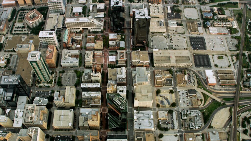 Overhead aerial view of dense city blocks