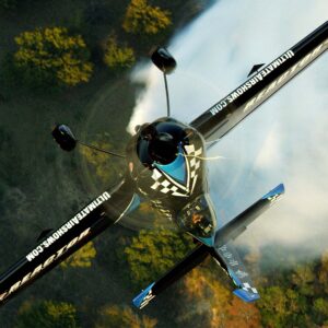 Black aerobatic plane trailing smoke over autumn trees