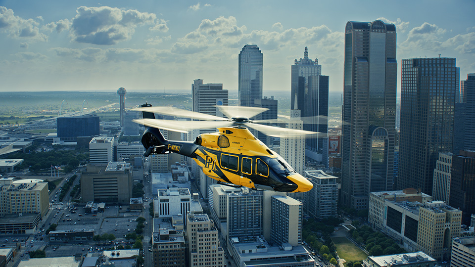 Helicopter aerial photography over the Dallas skyline